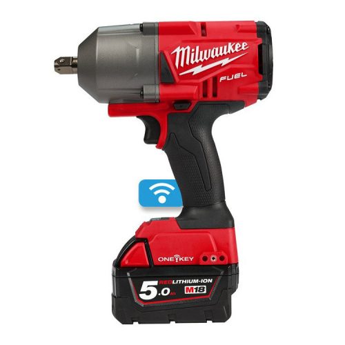 Milwaukee M18 ONEFHIWP12-502X akkus ONE-KEY™ FUEL™ nagy nyomatékú ütvecsavarozó ütközőcsappal, 1/2" négyszög meghajtással (2 x 5.0 Ah Li-ion akkuval)