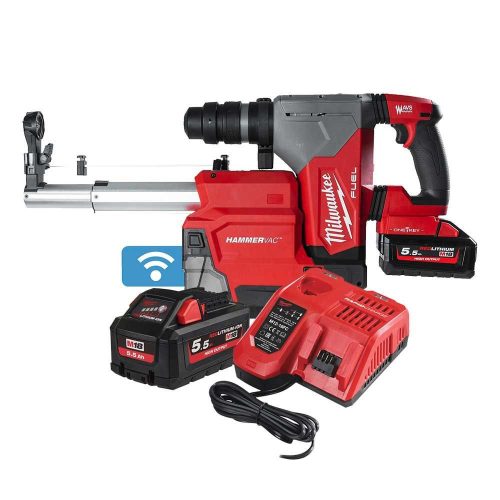 Milwaukee M18 ONEFHPXDEL-552C akkus ONE-KEY™ FUEL™ szénkefe nélküli SDS-plus fúró-vésőkalapács porelszívóval (2 x 5.5 Ah Li-ion akkuval) 