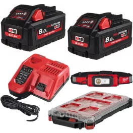   Milwaukee 2 x M18 HB8 + 1 x M12-18 FC + 1 x PACKOUT™ kompakt keskeny rendszerező + 1 x L4 HL-VIS-301 TRUEVIEW™ újratölthető láthatósági fejlámpa
