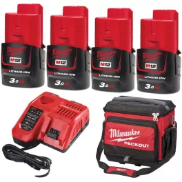   Milwaukee 4 x M12 B3 + 1 x M12-18 FC + 1 x PACKOUT™ munkaterületi hűtőtáska