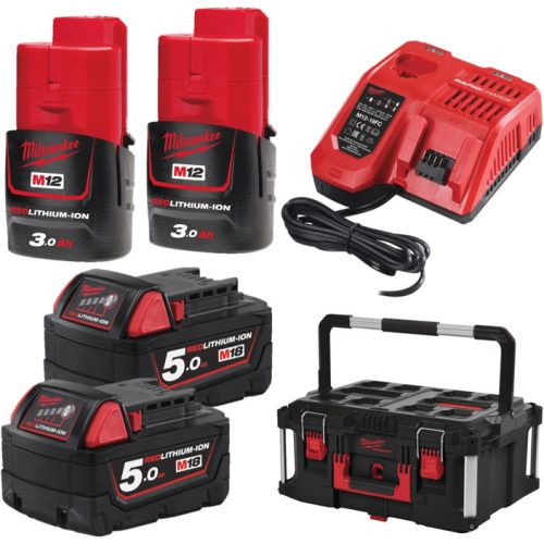 Milwaukee 2 x M12 B3 + 2 x M18 B5 + 1 x M12-18 FC + 1 x PACKOUT™ 2 tároló láda, 56 cm